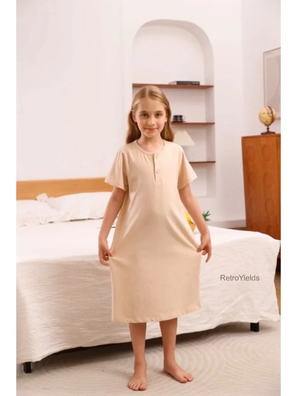Girls Organic Cotton Nightgown Lace Trim Long Sleeve Sleepwear Dress